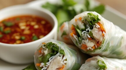 Fresh Spring Rolls with Herbs and Vegetables Served with Tangy Dipping Sauce