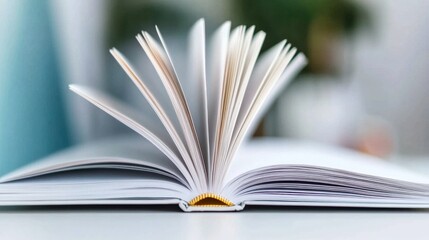 Fototapeta premium Minimalist Knowledge Flow Elegant Open Book Revealing Soft-Focus Digital Workspace - Creative Learning and Productivity Inspiration for Modern Professionals