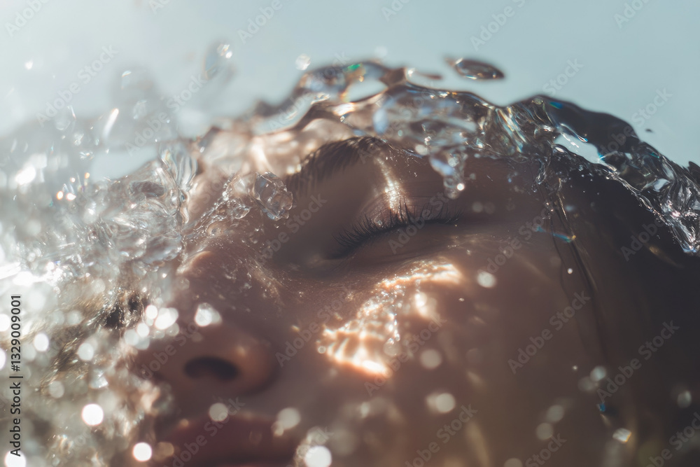Poster serene face submerged in water with sunlight creating sparkling reflections on surface, evoking sens