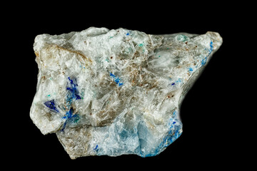 Linarite mineral specimen with blue crystalline formations isolated on a black background.