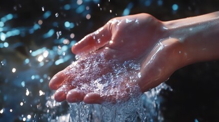 Fototapeta premium Water droplets dance in the bright light as a hand stirs fluid in a tranquil outdoor environment, showcasing hyper-realistic details and shimmering reflections.