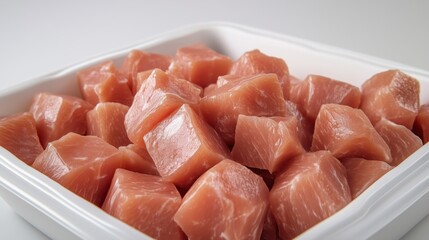 Freshly cut meat cubes arranged neatly in a white container, ideal for various culinary uses such as stews, stir-fries, or grilling. Perfect for meal prep or quick dinners.