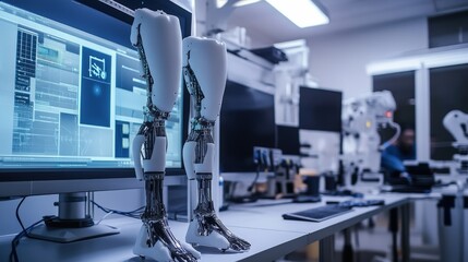 A high-tech rehabilitation center where amputees are fitted with AI-enhanced, 3D-printed prosthetic legs tailored to their needs