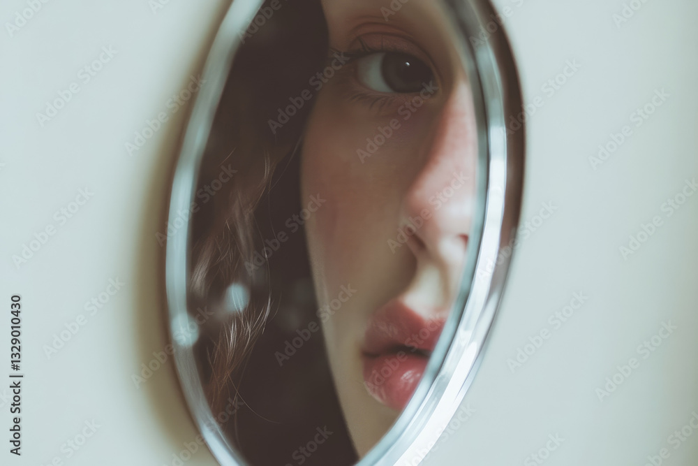Poster close up of woman face is reflected in small round mirror, capturing her eye and lips in soft focus.