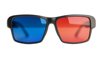 Png of Stylish black sunglasses with red and blue polarized lenses on transparent background.
