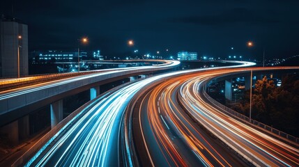 A highway overpass at night, where headlights and taillights form streaks of light in a mesmerizing dance.