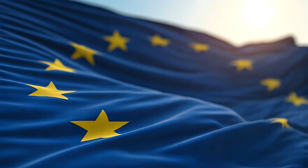 Flag of the European Union waving gently against the sky at sunset.Use it for national day and country occasions concept. AI generated. Copy space