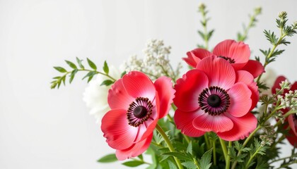 Fototapeta premium Vibrant anemone bouquet showcasing fresh greenery, natural beauty