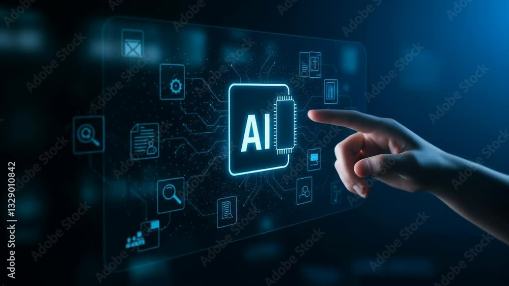 Poster ai interface touch, futuristic technology concept of machine learning and automation for business de