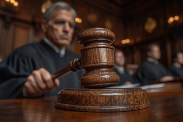 Judge presiding over court session with gavel and solemn expressions in a wooden courtroom
