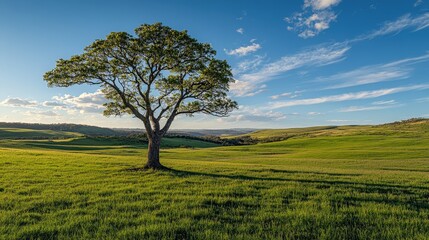Fototapeta premium A vivid emerald meadow cradles a solitary light-brown tree under a vast azure sky adorned with wisps of cloud