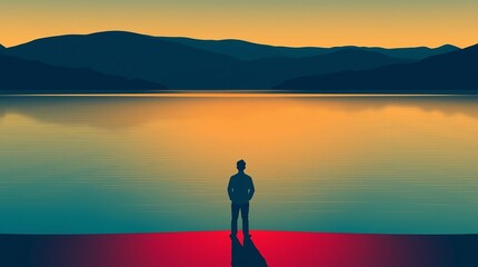 Fototapeta premium A silhouetted man gazes over a tranquil lake at sunset, surrounded by mountains, evoking a sense of peace and contemplation.