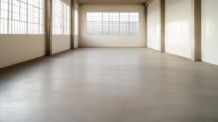 A large, empty room with a lot of windows. The room is very clean and empty. The windows let in a lot of light, making the room feel bright and open