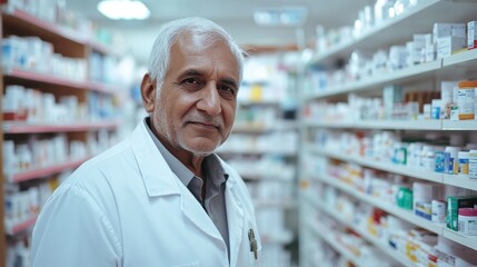 An elderly Indian male pharmacist in a white coat stands in a pharmacy, surrounded by shelves lined with various medication while engaging with customers during the day.