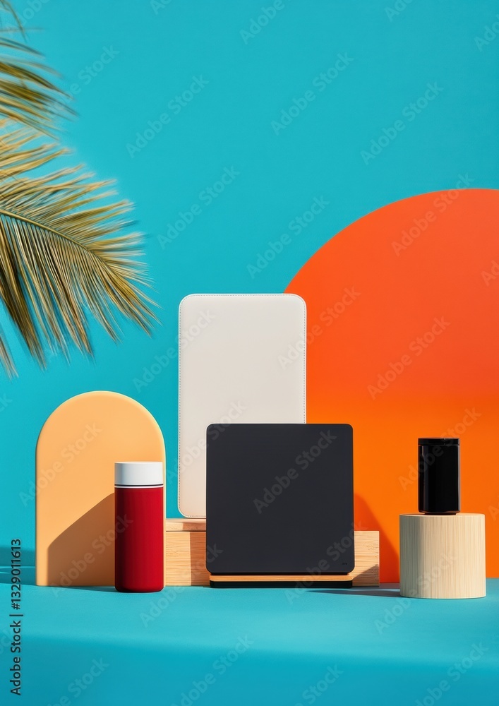 Poster minimalist digital nomad workspace vibrant geometric design with tropical palm, sleek tech and bold 