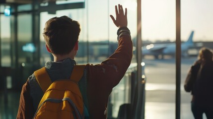A young man stands at an airport, waving farewell to his family as he prepares to board a flight. The sun shines in the background, highlighting the emotional moment.