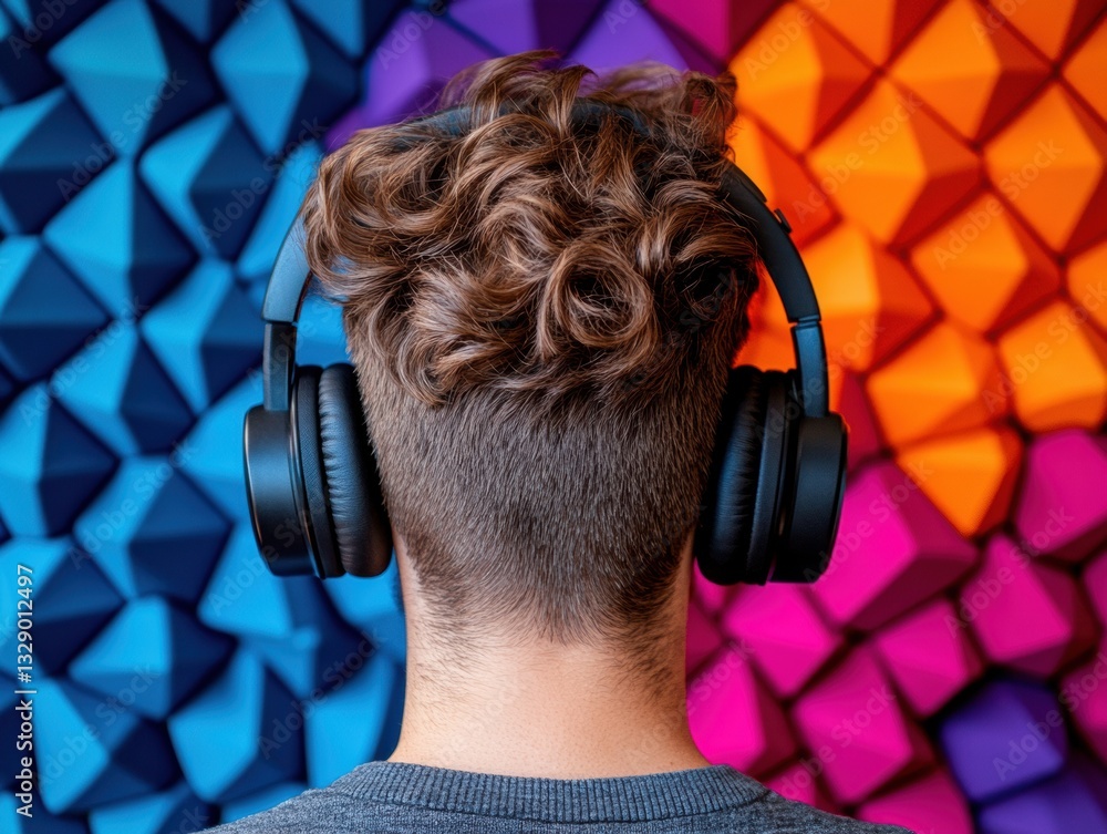 Poster immersive audio experience gen z content creators vibrant workspace with noise-canceling headphones 
