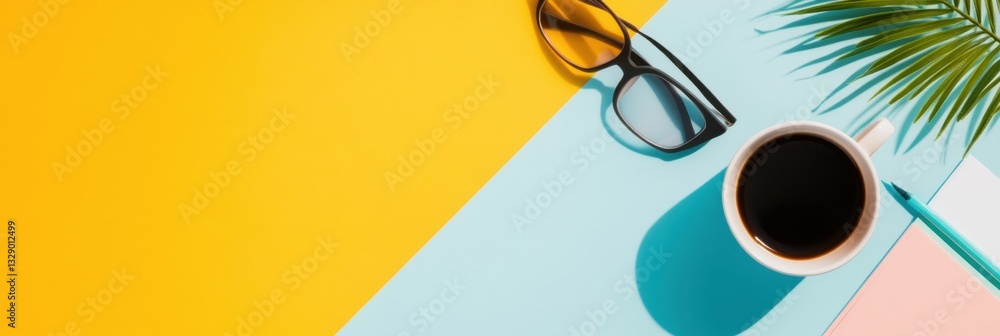 Poster Minimalist Digital Nomad Workspace Vibrant Geometric Color-Block Desk with Eyewear, Coffee, and Palm Leaf - Creative Productivity in Modern Remote Work Aesthetic