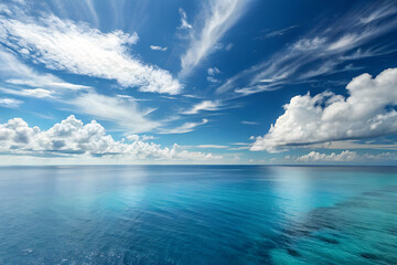 serene and infinite expanse of a harmonious combination of a blue sea and sky on horizon, accompanied by playful clouds, evokes a natural symphony
