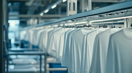Obraz premium High-Tech Polyester Sportswear Hanging in Modern Factory Setting