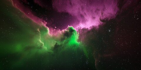 Vibrant nebula with swirling pink clouds, glowing green mist in deep space. Cosmic scene with ethereal gas formations, dark starry backdrop. Celestial artwork showcasing vivid hues