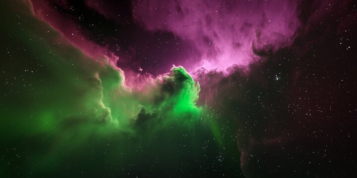 Vibrant nebula with swirling pink clouds, glowing green mist in deep space. Cosmic scene with ethereal gas formations, dark starry backdrop. Celestial artwork showcasing vivid hues