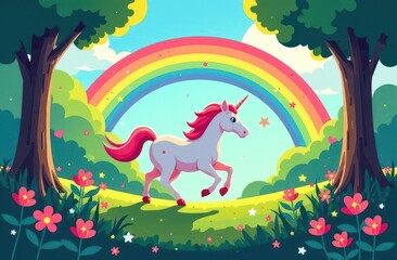 Obraz premium Colorful unicorn running under a vibrant rainbow in a lush meadow