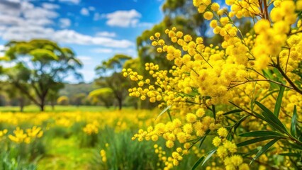 Obraz premium Australian Golden Wattle flower field in full bloom with bright yellow flowers on a serene green grassy background