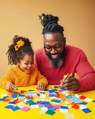 Fototapeta premium Vibrant Generational Play Inclusive Design Thinking and Creative Learning Through Colorful Geometric Shapes - Empowering Multicultural Family Bonding and Educational Innovation