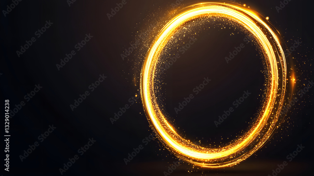 Poster golden circle frame with glitter effect, abstract magic light effect design element