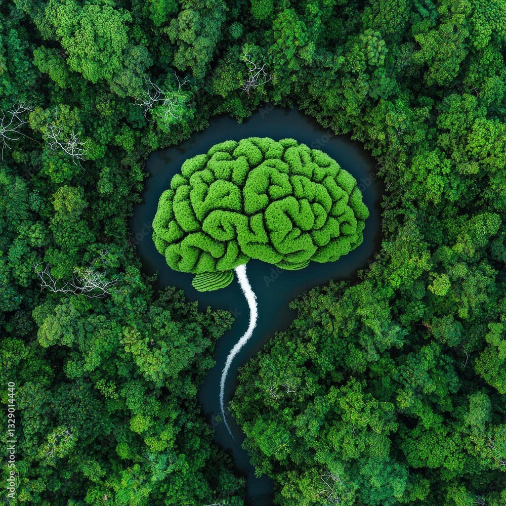 Poster a river forming the shape of a brain in a lush forest.