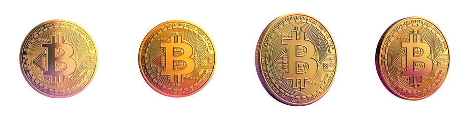 A row of shiny golden Bitcoin cryptocurrency coins reflecting light and symbolizing digital finance investment and the future of global payments
