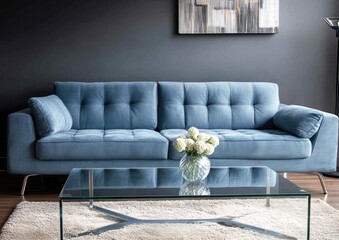 Modern blue velvet sofa with glass coffee table in living room.