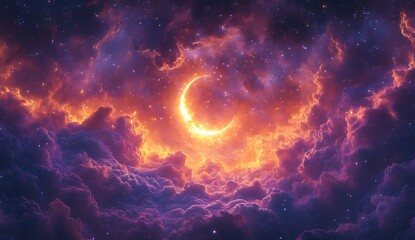 Vibrant Cosmic Landscape with Glowing Crescent Moon