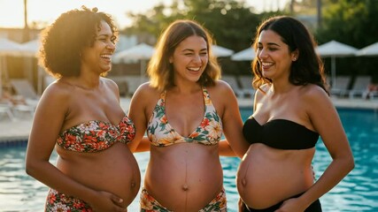 Diverse pregnant women laughing poolside. African american, hispanic, and mixed race friends enjoying maternity together, celebrating motherhood, health and wellness - Powered by Adobe