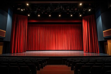 A theatrical stage with red curtains and rows of seats