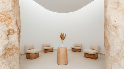 Zen-Minimalist Corporate Wellness Retreat Organic Wooden Meditation Lounge with Neutral Textures - Modern Workplace Mindfulness Design