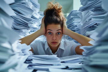 Trabajador agobiado rodeado de montones de papeles, que simbolizan la sobrecarga de tareas y el estrés.