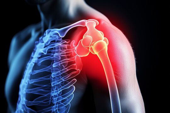 Primer plano de un hombre delgado sin camiseta toc&aacute;ndose la articulaci&oacute;n del hombro con dolor . La zona dolorida aparece resaltada en rojo.