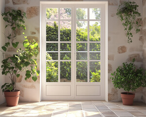 Primavera. Puerta de cristal francesa del patio: puerta, ventana, pasillo, salida, entrada, hogar, interior, patio trasero, puerta doble, vidrios.