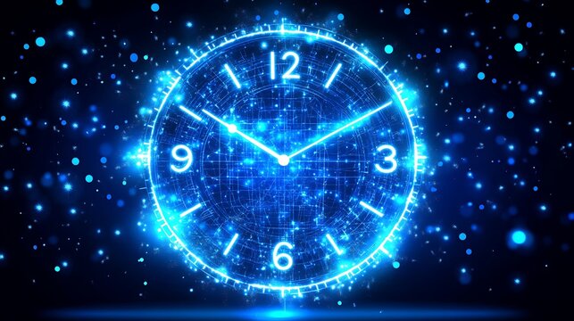 Glowing blue digital clock. - Powered by Adobe