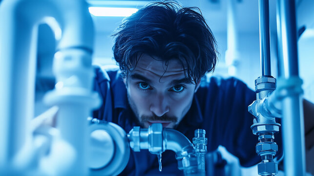 Un fontanero trabajando en un fregadero de cocina, con tuber&iacute;as blancas y conductos de agua azules de fondo, mientras sujeta accesorios de tuber&iacute;a.
