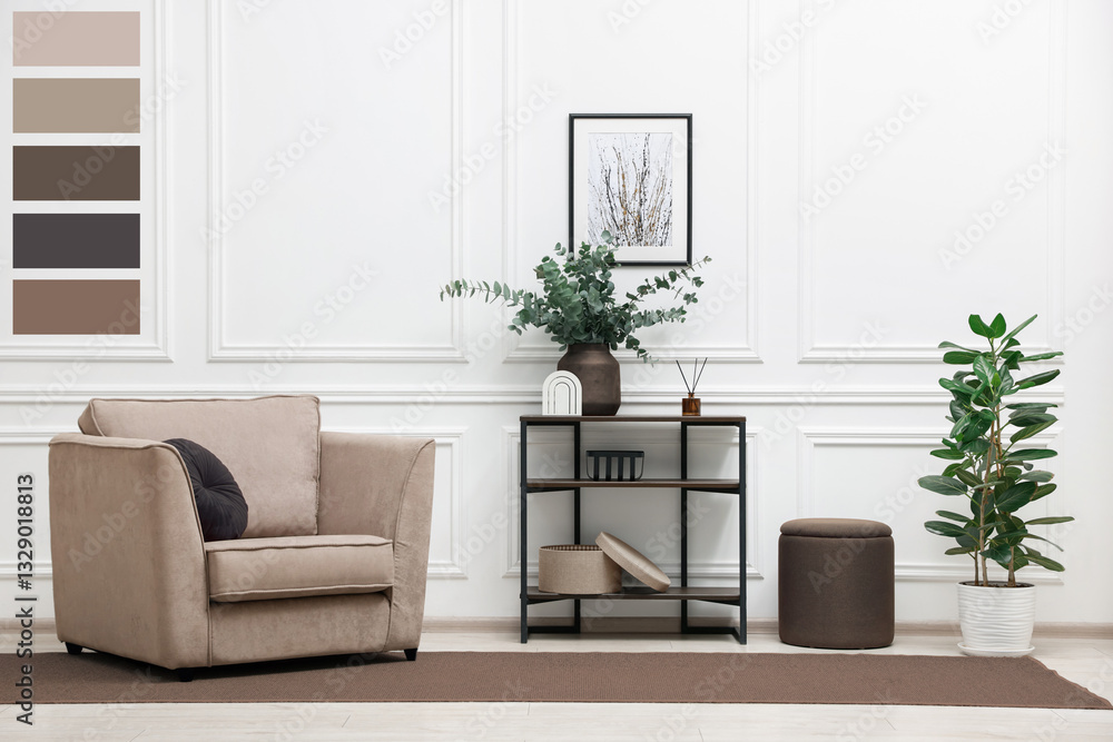Poster stylish living room with console table and other furniture in mocha mousse shade. interior design wi