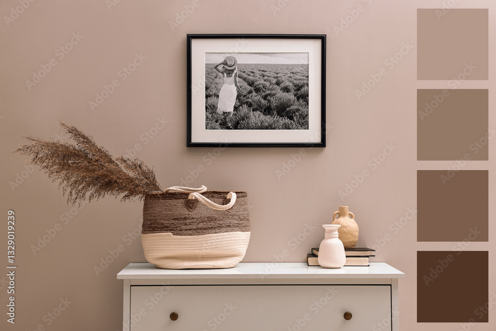Aufkleber Console table with decorative elements in room. Interior design with matching color palette