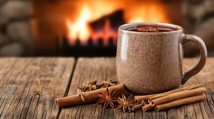 Rustic Mug of Warm Mulled Wine on Wooden Table with Cozy Fireplace Background