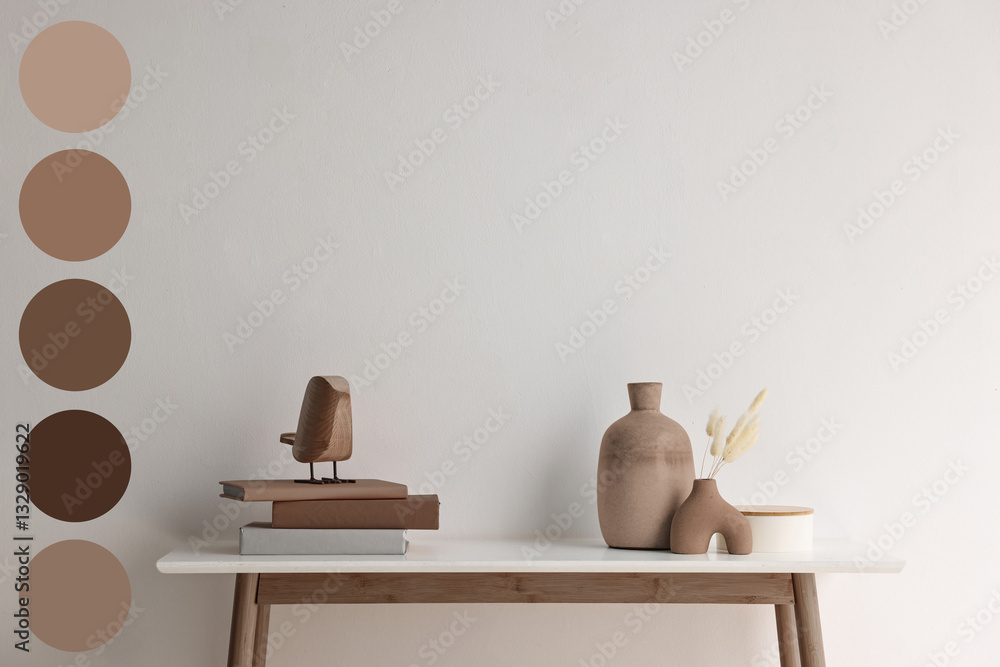 Aufkleber Console table with decorative elements in mocha mousse shade. Interior design with matching color palette