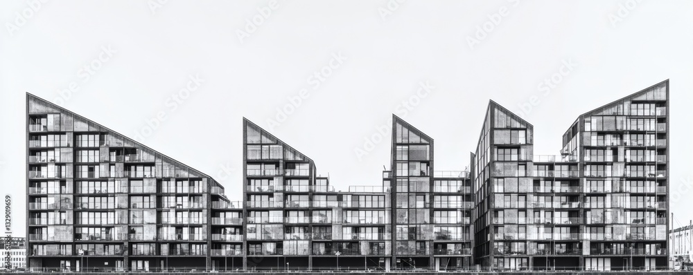 Poster a modern group of multi story buildings with angular roofs