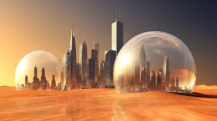Futuristic city domes in desert.