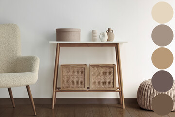 Stylish living room with console table and other furniture. Interior design with matching color palette