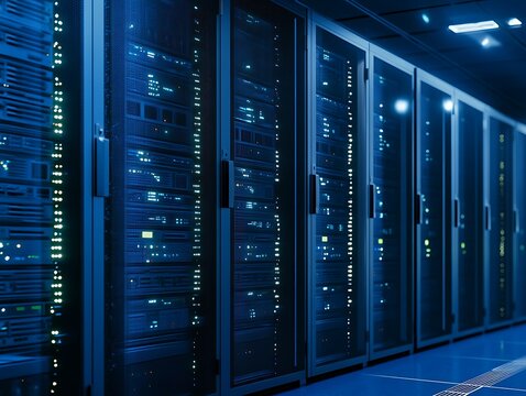 Servers glowing in a dark data center